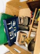 BOX CONTAINING COLLECTIBLES TO INCLUDE BELL, COMPASS, VINTAGE BOXES, PUPPET, BAROMETER,