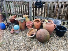A COLLECTION OF TERRACOTTA GARDEN PLANTERS AND FEATURES,