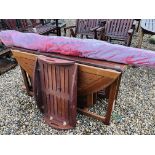 HARDWOOD FOLDING PATIO TABLE AND FOUR FOLDING HARDWOOD CHAIRS + LARGE PARASOL AND HARDWOOD TRAY