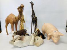 A COLLECTION OF VARIOUS ANIMAL ORNAMENTS TO INCLUDE LEATHER CAMEL, PIG, PUPPY, COW, DOG,