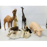 A COLLECTION OF VARIOUS ANIMAL ORNAMENTS TO INCLUDE LEATHER CAMEL, PIG, PUPPY, COW, DOG,