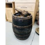 VINTAGE BARREL WITH METAL BANDING BEARING INITIALS "R.E.", BARREL TAP & CORE.