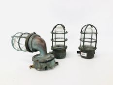 3 INDUSTRIAL VINTAGE LIGHT FITTINGS WITH GLASS SHADES (TO BE FITTED BY QUALIFIED ELECTRICIAN) -
