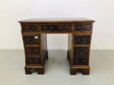 MAHOGANY FINISH TWIN PEDESTAL 9 DRAWER KNEEHOLE DESK WITH TOOLED LEATHER INSERT