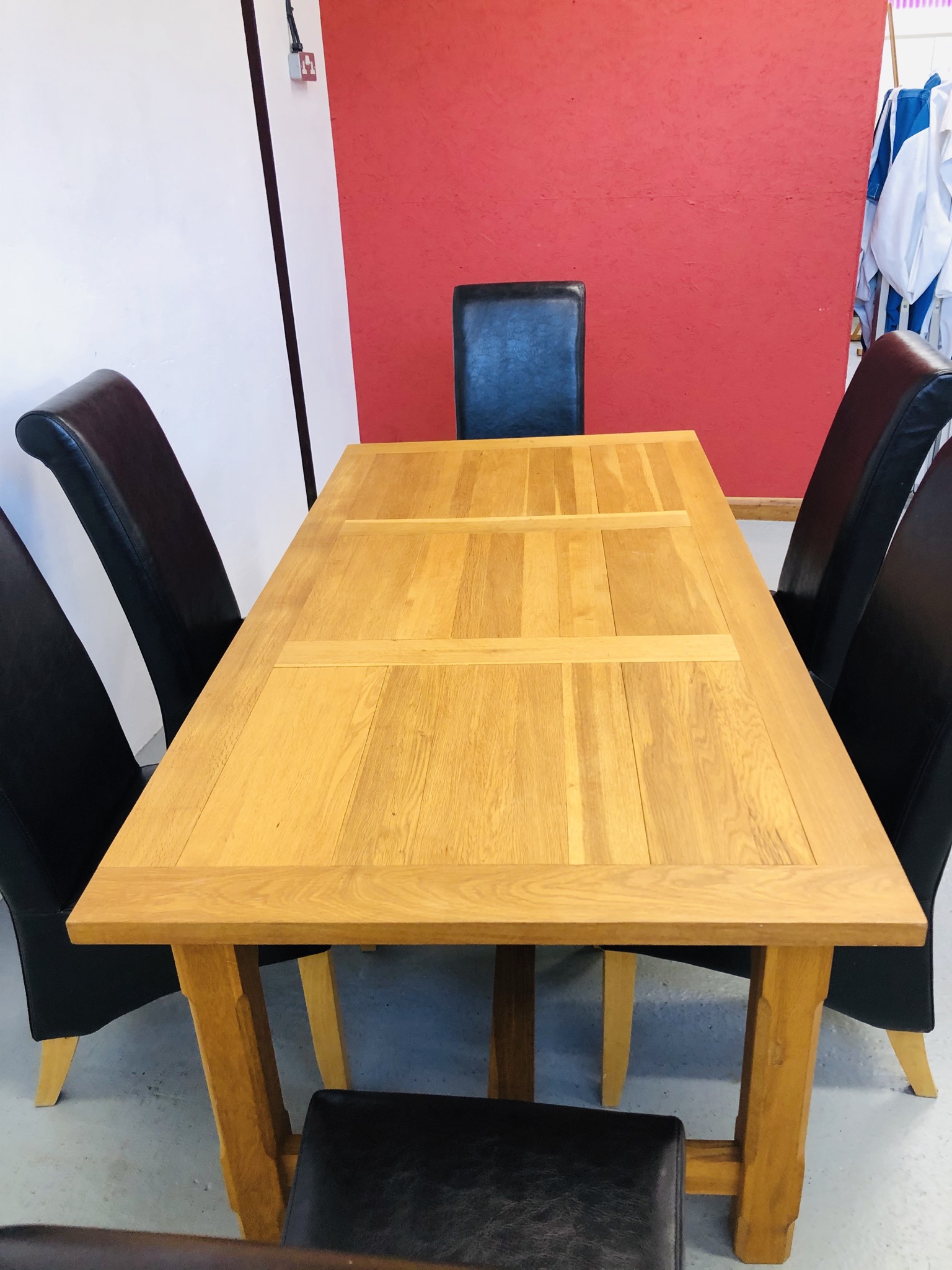 SOLID LIGHT OAK DINING TABLE AND SET OF SIX FAUX LEATHER HIGH BACK DINING CHAIRS, - Image 3 of 8