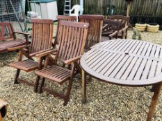 A SET OF FOUR HARDWOOD FOLDING GARDEN CHAIRS AND HARDWOOD GARDEN TABLE