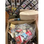 BOX WITH GB 1988, 89, 90 YEAR PACKS, FIRST DAY COVERS, EPHEMERA, MATCHBOXES, PEWTER TRAY ETC.