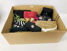 BOX OF DESIGNER CLUTCH BAGS OF VARIOUS DESIGNS & COLOURS - MANY WITH BEADED DETAIL MARKED EAST,