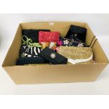 BOX OF DESIGNER CLUTCH BAGS OF VARIOUS DESIGNS & COLOURS - MANY WITH BEADED DETAIL MARKED EAST,