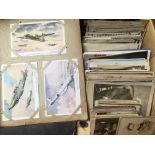 BOX WITH POSTCARDS IN TWO ALBUMS AND LOOSE, AIRCRAFT, SOCIAL HISTORY ETC.