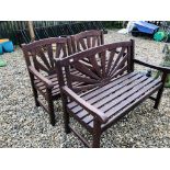 A THREE PIECE HARDWOOD GARDEN BENCH AND CHAIR SET - SUN RAY DESIGN