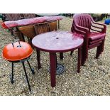 A BURGUNDY UPVC GARDEN TABLE AND FOUR MATCHING CHAIRS PLUS CAST IRON PARASOL STAND AND SMALL