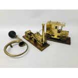 BRASS MODELS OF A VINTAGE STEAM ENGINE & A CAR ON WOODEN PLINTHS + BRASS BASED OIL LAMP WITH ORANGE