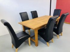 SOLID LIGHT OAK DINING TABLE AND SET OF SIX FAUX LEATHER HIGH BACK DINING CHAIRS,