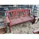 A HARDWOOD GARDEN BENCH AND TWO OCCASIONAL TABLES