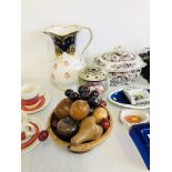 BISTO WASH JUG, MASONS IRONSTONE LIDDED TUREEN A/F, TREEN FRUIT BOWL & FRUIT,