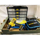 SMALL COLLECTION OF TOOLS TO INCLUDE DEWALT CORDLESS DRILL, WORK ZONE DRILL, STANLEY TOOL BOX,