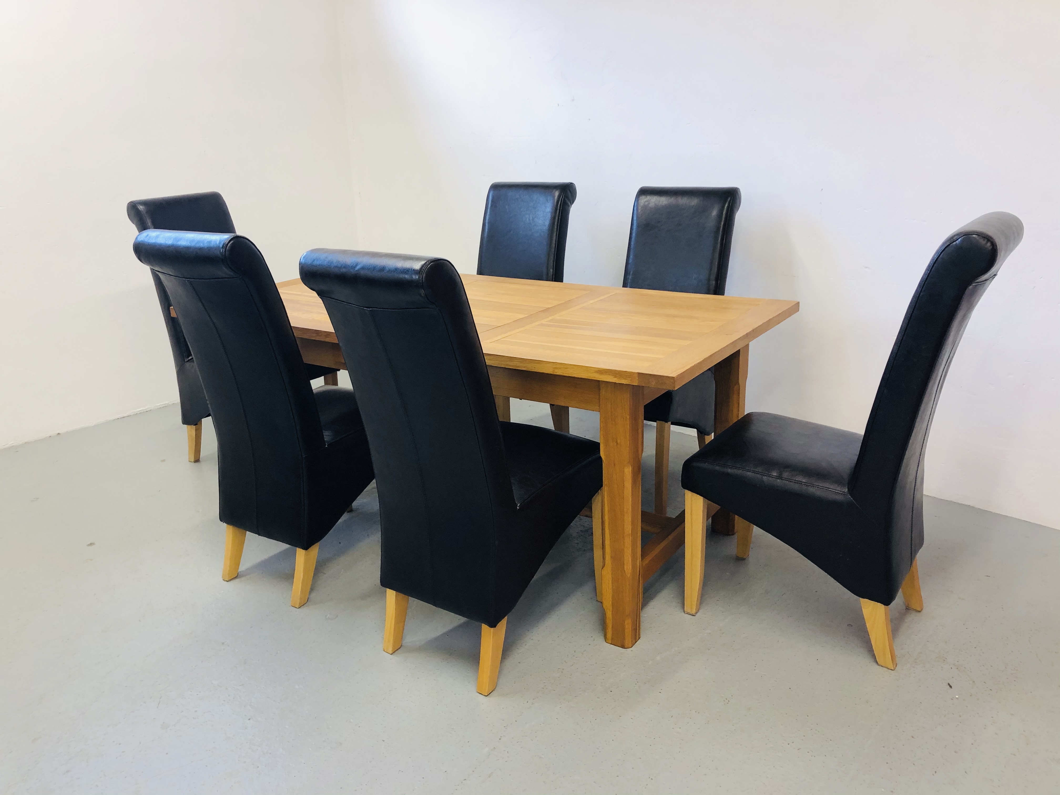 SOLID LIGHT OAK DINING TABLE AND SET OF SIX FAUX LEATHER HIGH BACK DINING CHAIRS, - Image 7 of 8