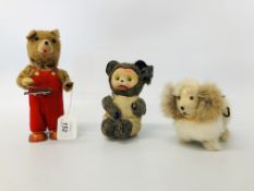 3 X VINTAGE TIN PLATE WIND UP TOYS TO INCLUDE A TEDDY & BOOK, DOG,