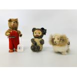 3 X VINTAGE TIN PLATE WIND UP TOYS TO INCLUDE A TEDDY & BOOK, DOG,