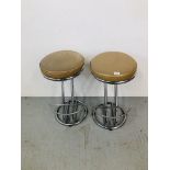 PAIR OF CHROME RETRO STYLE BAR STOOLS WITH BROWN FAUX LEATHER SEATS