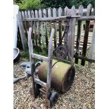 A VINTAGE JAMES SHOOLBRED HEAVY CAST IRON LAWN ROLLER AND BYGONE SACK BARROW