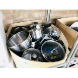 BOX OF STAINLESS STEEL KITCHEN POTS & PANS ETC.