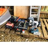 A WICKES TWIN HEAD BENCH MOUNT GRINDING WHEEL, A 500 WATT AGOJAMA 115MM ELECTRIC ANGLE GRINDER,