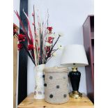 MODERN STANDARD LAMP & SHADE + METAL JUG & ARTIFICIAL FLOWERS + SEAGRASS LINEN BASKET