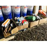 FOUR BOXES OF SHED SUNDRIES AND HAND TOOLS TO INCLUDE A QUANTITY OF AUTOMOTIVE FLUIDS AND