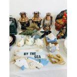 3 REPRODUCTION COPPER SHIPS LAMPS, VARIOUS SEASIDE ORNAMENTS ETC.