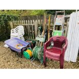 AN EXTENSIVE COLLECTION OF GARDENING EQUIPMENT TO INCLUDE WHEELBARROW, GARDEN HOSE,