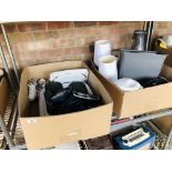 2 X BOXES OF HOUSEHOLD ELECTRICALS TO INCLUDE KITCHEN SCALES & MIXERS, KETTLE LAMPS, SHREDDER,