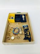 BOX OF COSTUME JEWELLERY TO INCLUDE ROTARY WRIST WATCH, BROOCHES, PUZZLE RING ETC.