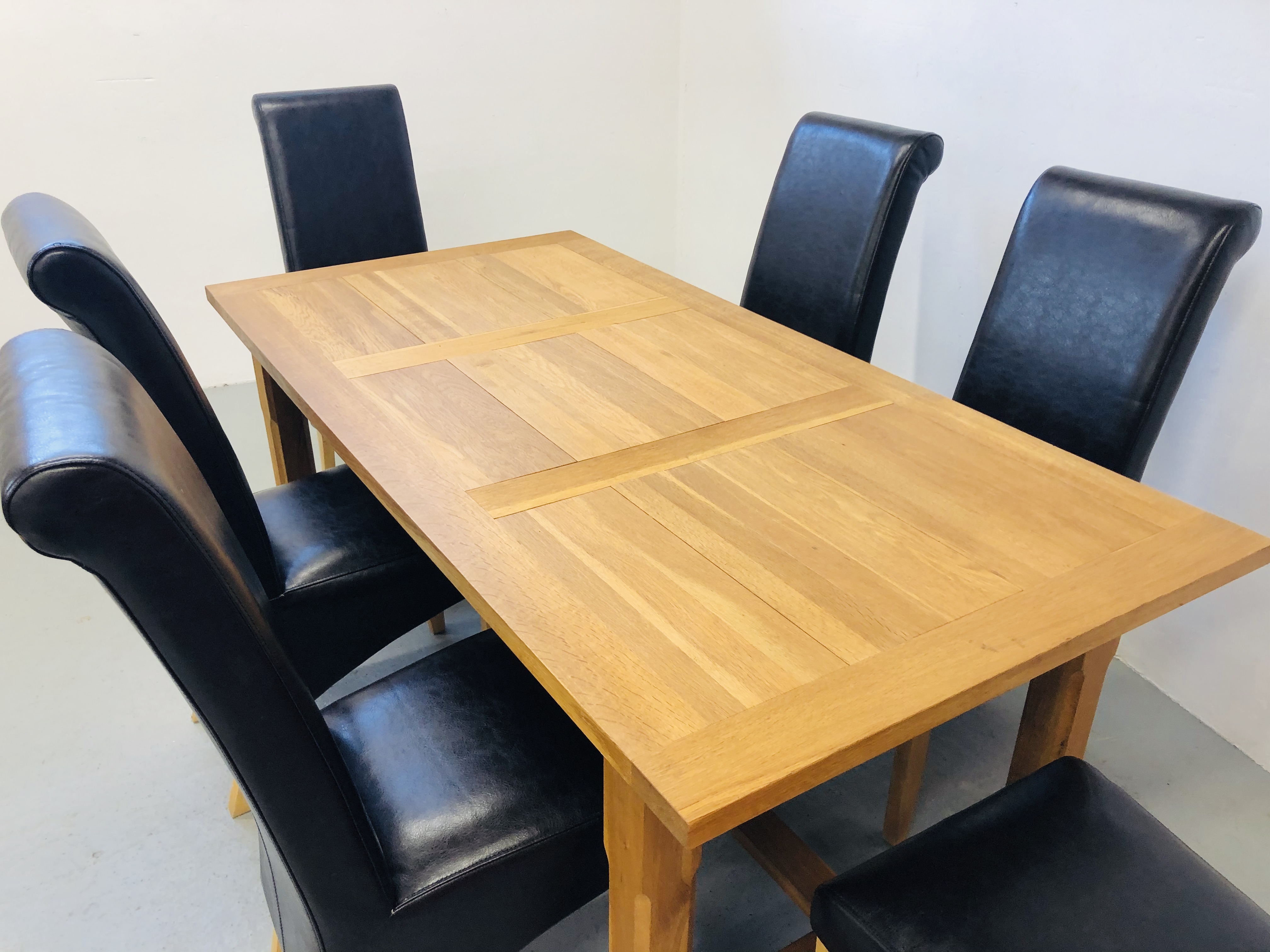 SOLID LIGHT OAK DINING TABLE AND SET OF SIX FAUX LEATHER HIGH BACK DINING CHAIRS, - Image 2 of 8