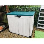 A KETER PLASTIC GARDEN STORAGE CONTAINER 54 INCH WIDE, 33 INCH DEEP,