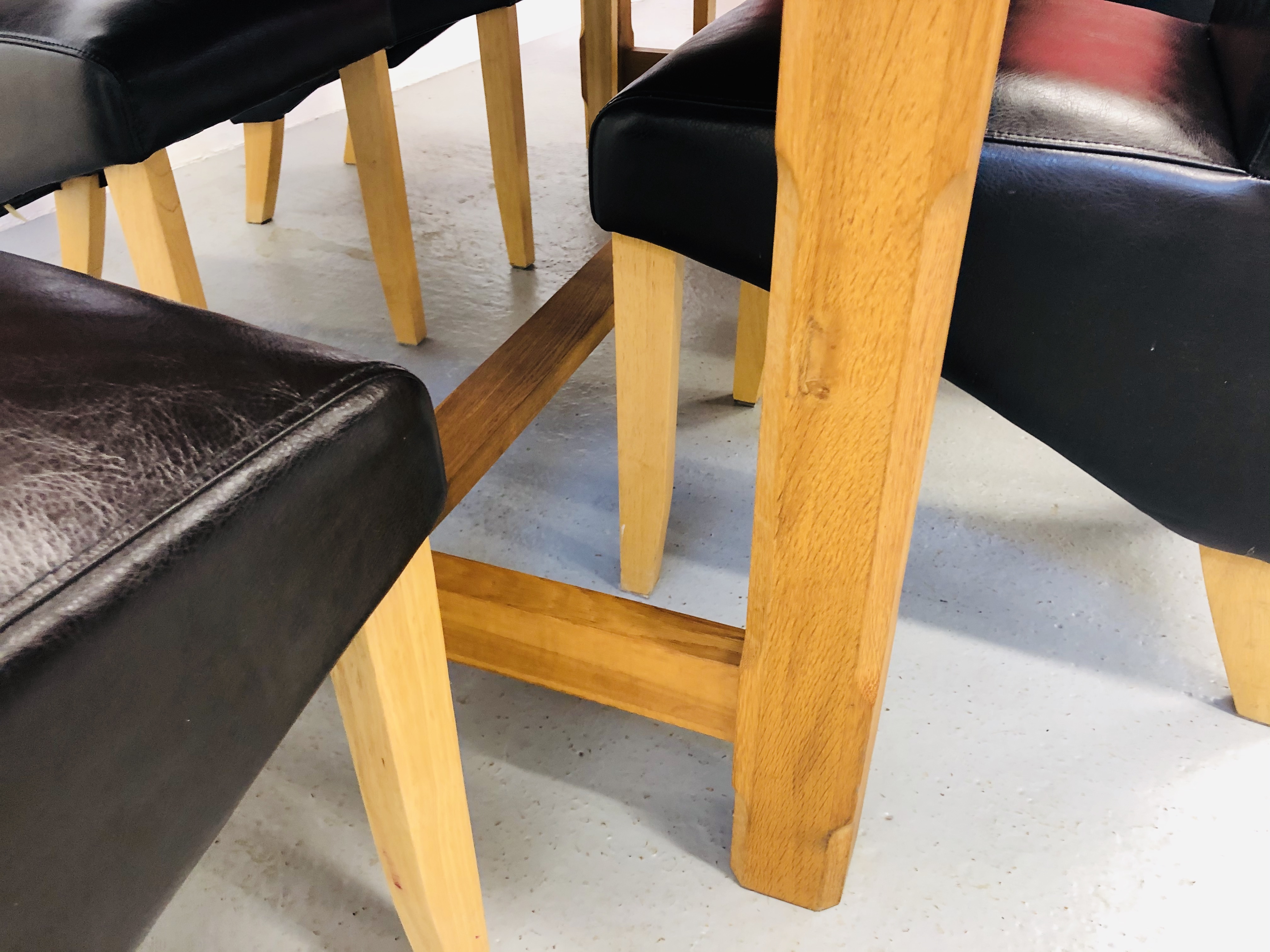 SOLID LIGHT OAK DINING TABLE AND SET OF SIX FAUX LEATHER HIGH BACK DINING CHAIRS, - Image 5 of 8