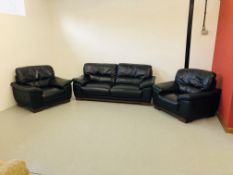 CAMBRIA DESIGNER BLACK LEATHER THREE PIECE LOUNGE SUITE COMPRISING OF THREE SEATER AND TWO CHAIRS