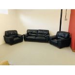 CAMBRIA DESIGNER BLACK LEATHER THREE PIECE LOUNGE SUITE COMPRISING OF THREE SEATER AND TWO CHAIRS