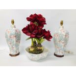 PAIR OF "PARK ROSE BRIDLINGTON" TABLE LAMPS TOGETHER WITH A MATCHING BOWL AND ARTIFICIAL FLOWER