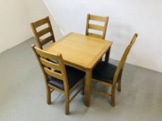 MODERN SQUARE OAK DINING TABLE TOGETHER WITH A SET OF 4 MATCHING LADDER BACK CHAIR WITH BROWN FAUX