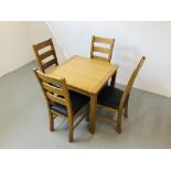 MODERN SQUARE OAK DINING TABLE TOGETHER WITH A SET OF 4 MATCHING LADDER BACK CHAIR WITH BROWN FAUX