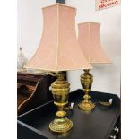 A PAIR OF IMPRESONE BRASSED TABLE LAMPS WITH PINK SHADES AND A PAIR OF JOHN LEWIS TABLE LAMPS -