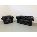 THOMAS LLOYD ANTIQUE BROWN 2 SEATER CHESTERFIELD SOFA & MATCHING CLUB CHAIR (WITH ORIGINAL