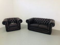 THOMAS LLOYD ANTIQUE BROWN 2 SEATER CHESTERFIELD SOFA & MATCHING CLUB CHAIR (WITH ORIGINAL