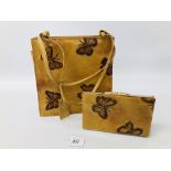 DESIGNER LEATHER HANDBAG & MATCHING PURSE WITH BUTTERFLY DETAIL MARKED "MARIO HERNANDEZ"