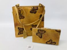 DESIGNER LEATHER HANDBAG & MATCHING PURSE WITH BUTTERFLY DETAIL MARKED "MARIO HERNANDEZ"