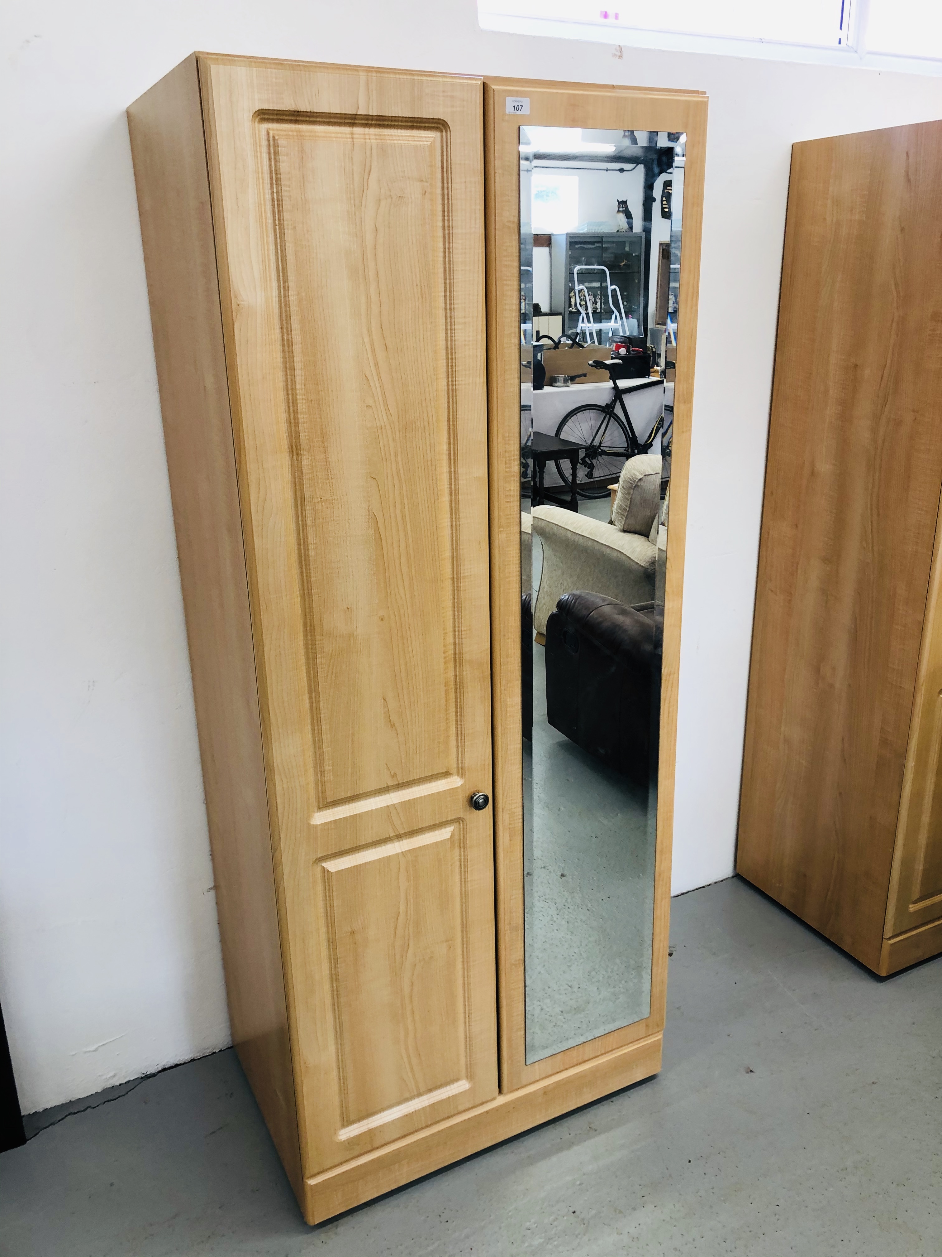 A MODERN TWO DOOR LIMED FINISH WARDROBE WITH MIRROR TO ONE DOOR WIDTH 80CM. HEIGHT 192CM. - Image 2 of 2