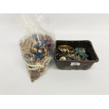 BAG OF MIXED COSTUME JEWELLERY AND BOX OF VARIOUS DECORATIVE BROOCHES AND BANGLES, ETC.