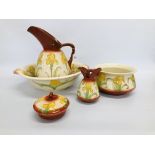 THE FOLEY FAIENCE DAFFODIL DECORATED WASH JUG & BOWL, CHAMBER POT,